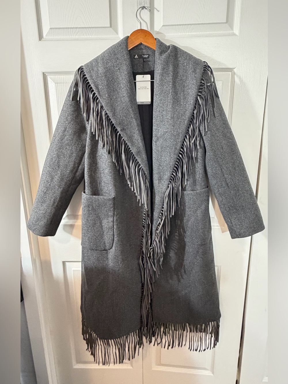 Anewsta Gray Fringe Wrap Coat Belted Lined Women’s XL US 12 NWT Long Gray Jacket